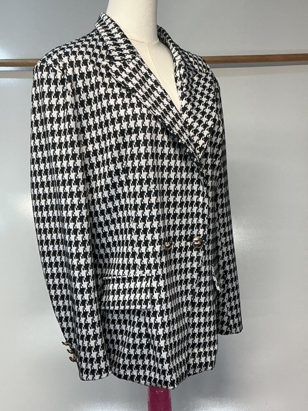 Attitude Unknown L Black White Houndstooth Double Breasted Blazer Gold Buttons - Picture 16 of 16